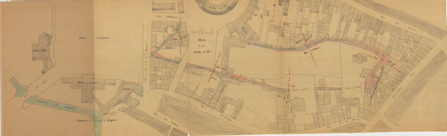 Assainissement de la Briante : plan des deux bras depuis la Place d'Armes jusqu'à la Grande Rue, vanne du Moulin du Guichet (éch: 1/500, 5 janvier 1889).(éch: 1/500, 5 janvier 1889) (2 exemplaires).