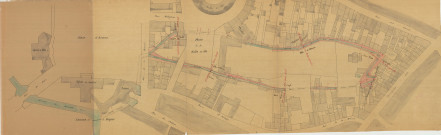 Assainissement de la Briante : plan des deux bras depuis la Place d'Armes jusqu'à la Grande Rue, vanne du Moulin du Guichet (éch: 1/500, 5 janvier 1889).(éch: 1/500, 5 janvier 1889) (2 exemplaires).
