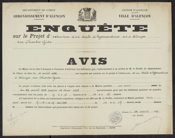 Extension d'un dépôt d'hydrocarbures appartenant à la société anonyme des pétroles "Jupiter" rue Charles Gide, avis d'enquête (12 avril 1938), affiche (44cm x 34cm).
