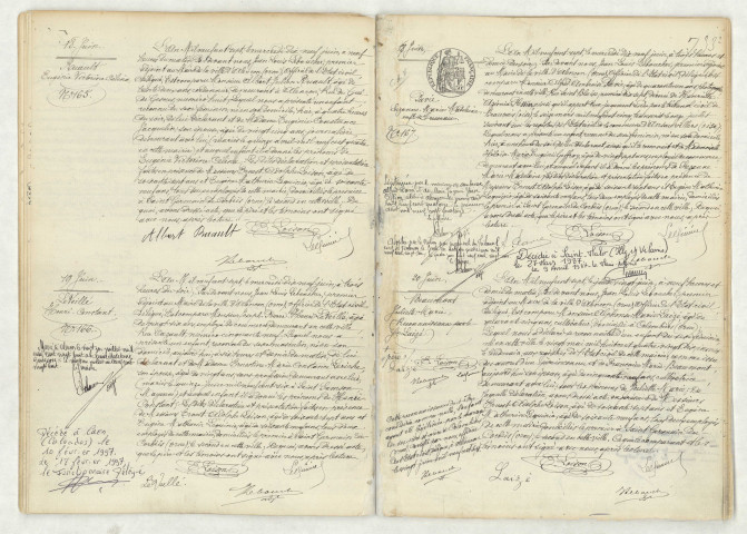 Acte de naissance de RUAULT Eugénie Victorine Célina (18 juin 1907),acte de naissance de LEVEILLE Henri Constant (19 juin 1907),acte de naissance de PAVIE Suzanne Marie Madeleine (18 juin 1907),reconnaissance de BEAUMONT Juliette Marie (20 juin 1907-20 mai 1890).