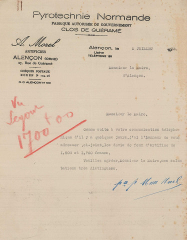 Fête nationale 14 juillet 1932 : affiche Imprimerie alençonnaise (80 x 120).