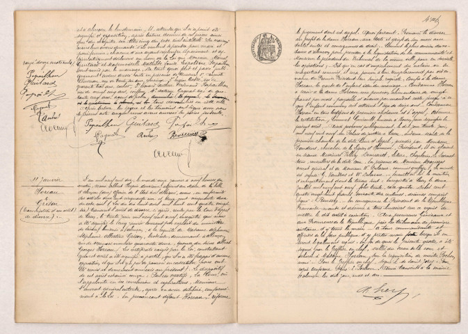 Acte de mariage de GUITARD Marcel et PAPAILHON Mathilde Louise Léopoldine (08 janvier 1910), Transcription d'un arrêt de divorce de HOREAU Albert Georges et GRISON Alphonsine Stéphanie Albertine (11 janvier 1910).
