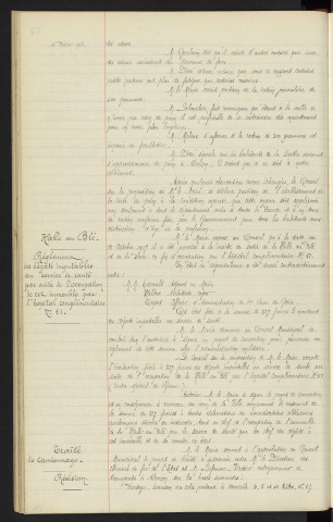 Cartes de pain, projet d'établissement, avis du conseil. Halle au blé, règlement des dégâts imputables au service de santé par suite de l'occupation de cet immeuble par l'hôpital complémentaire n°51. Traité de camionnage, Mr LEFEVRE-VERDIER entrepreneur de transports à Alençon, révision