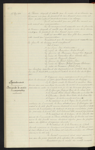 Recrutement armée active, soutiens de famille . Recrutement, demande de sursis d'incorporation