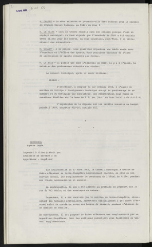 Personnel, vacations pour gardiennage du gymnase du C.E.T. Personnel, agents logés, logement à titre gratuit par nécessité de service à un appariteur, enquêteur.