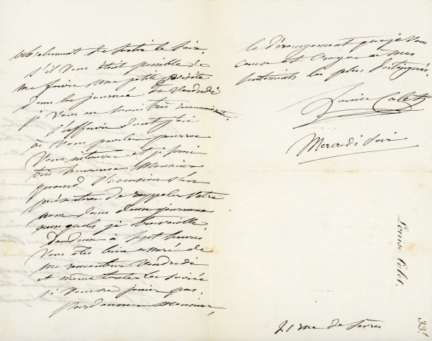 Lettre autographe signée de la femme de lettres Louise Colet au comédien Louis Fortuné Adolphe Laferrière (sd).