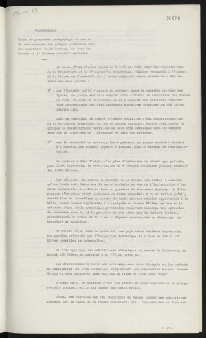 Enseignement, étude de programme pédagogique en vue de la construction des groupes scolaires dans les quartiers du boulevard Duchamp, du parc des sports et le secteur Courteille Cerisé.