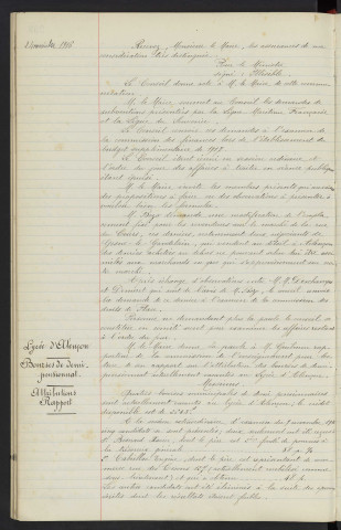 Lettre de M. le Ministre des affaires Etrangères, pétition en faveur des prisonniers de guerre. Modification emplacement pour les revendeur sur les marché de la Rue du Cours, demande de M. BOZO. Lycée d'Alençon, bourses de demi-pensionnat, attributions, rapport
