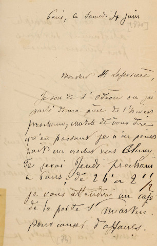 Lettre autographe signée de l'écrivain Alfred Edouard Touroude à l'acteur Adolphe Laferrière [4 juin 1870].