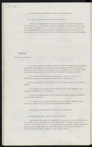 Personnel, indemnités forfaitaires pour travaux supplémentaires. Personnel, primes de technicité.