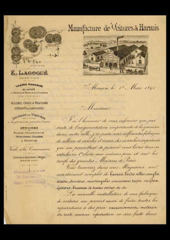 Manufacture de voitures et Harnais E. Lagogué : correspondance, facture, carte de visite.