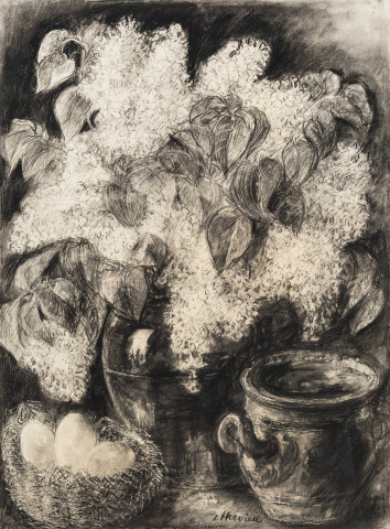 Bouquet de fleurs, fusain, Louise Jeanne Aimée Hervieu, (69cm x 51cm), signé en bas à droite, collection Bismuth-Etcheverry, acquisition 2024, AMA.
