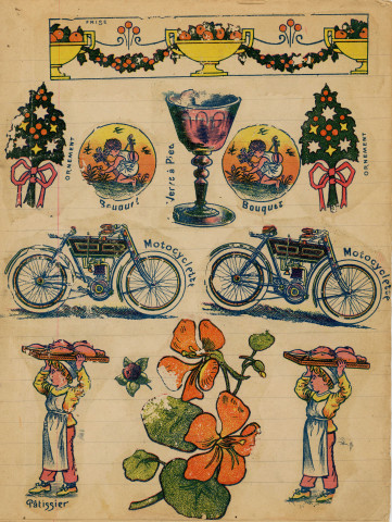 Magasin du Gagne-Petit, communication : décalcomanies aux armes d'Epinal (4 exemplaires), cahiers de décalques (Marguerite Boulay), Livrets publicitaires illustrés Imagerie PELLERIN EPINAL (Collection Mignonne), imageries réclames E. Barbier (série animaux sauvages, fables choisies), illustrations en couleurs "La soeur du Petit Poucet", éditeur Pellerin et Compagnie, enveloppes publicitaires.