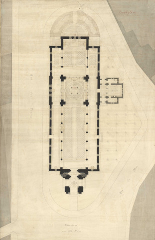 Église Saint Pierre de Montsort, plan de situation, plan, Ewald Bréasson (éch: 1/100, 74 x 107 cm, 01/12/1875).