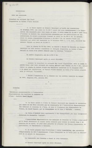 Inondations, aux sinistrés, transfert du reliquat des fonds disponibles au bureau d'aide social. Finances, subvention exceptionnelle à l'association départementale des auberges de jeunesse de l'Orne, section Canoë Kayac.
