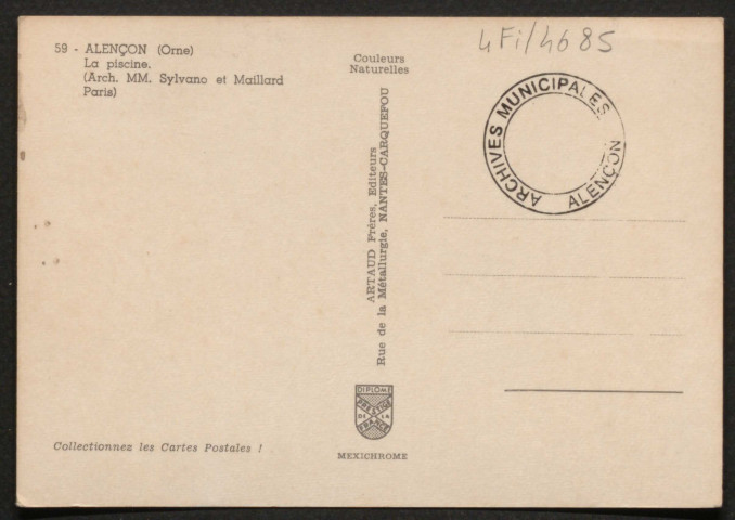 Alençon (Orne), La piscine, carte postale semi-moderne couleur n°59, (arch, MM, Sylvano et Maillard Paris), Artaud frères éditeurs, Nantes-Carquefou, couleurs naturelles, sd, (15x10,5), AMA.
