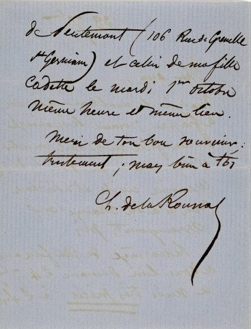 Lettre autographe signée de l'écrivain Charles de la Rounat à l'acteur Adolphe Laferrière (23 septembre 1861).