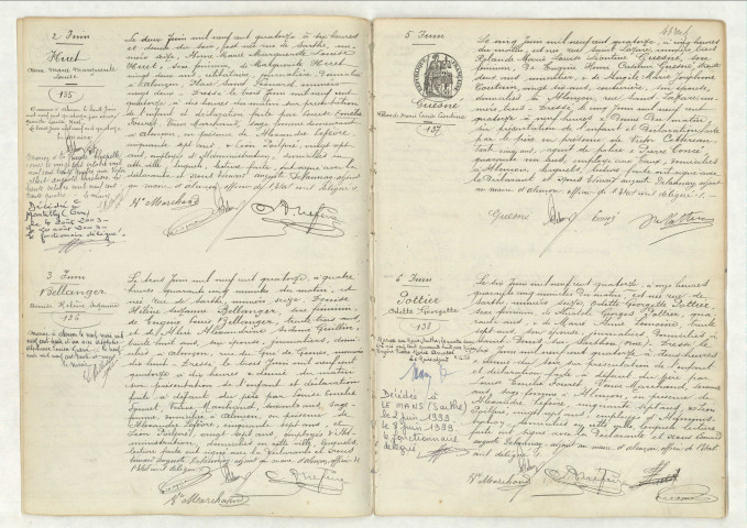Acte de naissance de HUET Anne Marie Marguerite Louise (2 juin 1914),acte de naissance de BELLANGER Denise Hélène Suzanne (3 juin 1914),acte de naissance de GUESNE Rolande Marie Louise Léontine (5 juin 1914),acte de naissance de POTTIER Odette Georgette (6 juin 1914).