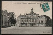 Alençon (Orne), L'Hôtel de Ville et le Palais de Justice, carte postale ancienne noir et blanc, A.M.F éditeur, (date d'utilisation : 25 septembre 1911), (14x9), acquisition 2020, AMA.