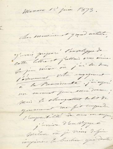 Lettre autographe signée de la femme de lettres Louise Colet au comédien Louis Fortuné Adolphe Laferrière (15 juin 1873).