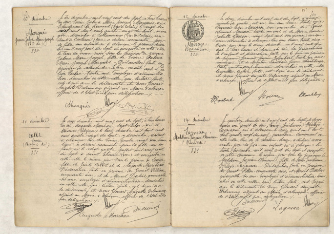 Reconnaissance de MARQUIS Jeanne Zulma Marie Joseph (10 décembre 1917), Reconnaissance de COLLET Louise (11 décembre 1917), Acte de naissance de MOISAN Bernard Léon (12 décembre 1917), Reconnaissance de LAGNEAU Micheline Eugénie Clémence (14 décembre 1917).