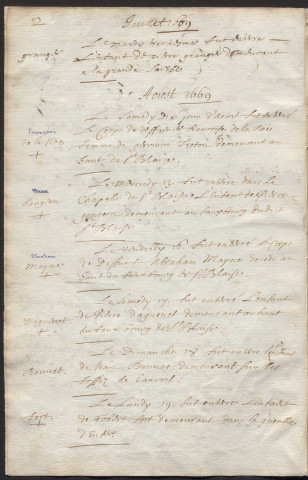 Paroisse Notre-Dame, registre des inhumations (24 juillet 1669 - 30 juin 1671).