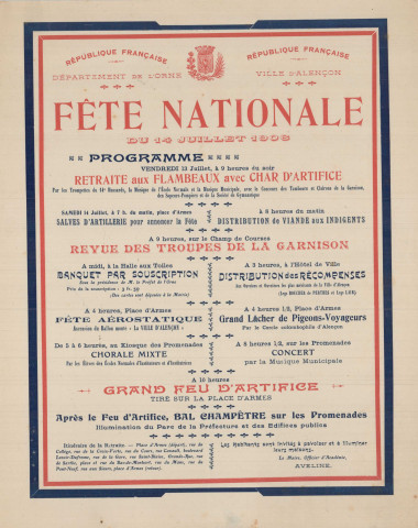 Fête nationale 14 juillet 1906 : affiche Imprimerie Veuve Félix Guy et compagnie, (94 x 130).