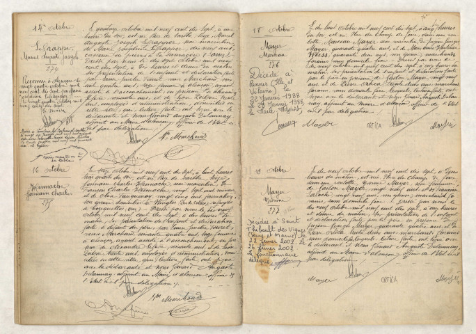 Acte de naissance de LEFRAPPER Marcel Auguste Joseph (14 octobre 1917), Acte de naissance de HENNACHE Germain Charles (16 octobre 1917), Acte de naissance de MAYER Marceau (18 octobre 1917), Acte de naissance de MAYER Yvonne (19 octobre 1917).