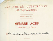 Carte de membre actif " les amitiés culturelles alençonnaises (1963-1964).