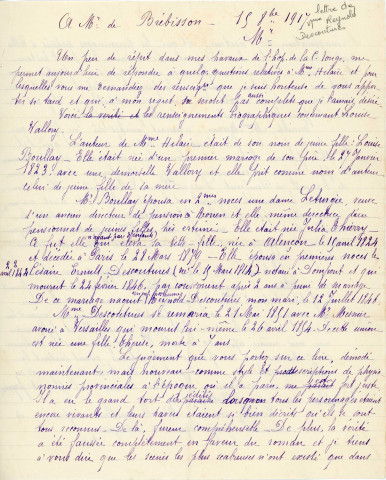 Réponse officielle de Mme Descoutures, épouse de Reynold Descoutures (greffier de commerce à Alençon, fils de Louise Vallory ) à M. de Brébisson au sujet de l'oeuvre Mme Hilaire écrite par Louise Vallory