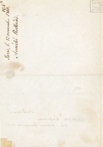 Lettre autographe signée de l'écrivain Amédée de Rolland à l'acteur Adolphe Laferrière [12 novembre 1860] .