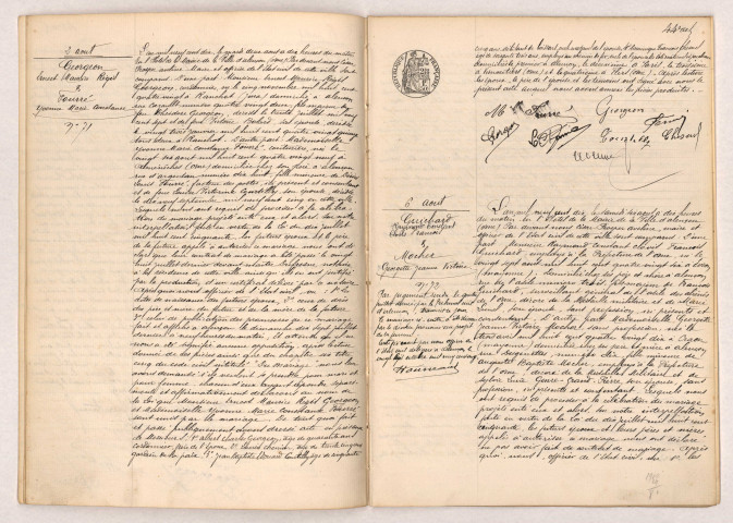 Acte de mariage de GEORGEON Ernest Maurice Régis et FOURRÉ Yvonne Marie Constance (02 août 1910), Acte de mariage de GUICHARD Raymond Constant Clovis François et MOCHER Georgette Jeanne Victoire (06 août 1910).
