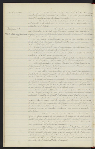 Hospice, vote de crédits supplémentaires, avis du conseil. Budget de 1914, vote de crédit supplémentaires pour dépenses relatives aux cours secondaires de jeunes filles, dépenses de police, cotisation de la ville dans les dépense du casernement, entretien des chemins vicinaux et ordinaires