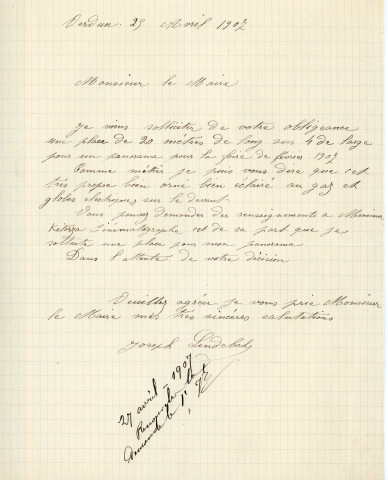 Foire de la Chandeleur (1908-1910), demandes de boutiques sous la coupole de la Halle au Blé, sur la place d'Armes : états nominatifs, correspondance, flyers, plans, mémoires.