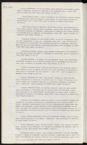 Traités de gré à gré, maison COTARMANACH 60 rue aux Sieurs, établissements PROUT 2 route d'Ancinnes, DOCKS BAS-NORMANDS du bâtiment 19-21 route de Sées, compagnie française de distribution total 11 rue du docteur Lanceraux Paris 8ème, entreprise CHAUVIN Alençon, société PECHINEY st Gobain 16 rue Matignon Paris, société d'électrochimie d'électrométallurgie et des aciéries électriques d'usine 10 rue du Général Foy Paris 8ème, société Carrières des Noës Oiseau le Petit, société DESMARAIS frères 42 rue des Mathurins Paris 8ème, compagnie des compteurs 4 rue des Viarmes Rennes, maison LEROYER DESPIERRES 19-21 rue de Bretagne Alençon, maison LEVANNIER avenue Général Leclerc Alençon, Entreprise LUCAS Alençon.
