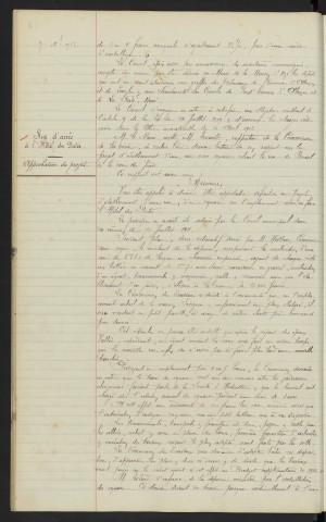 Dessins et modèles, application de l'article 9 de la loi du 14 juillet 1909, dépôt au musée d'Ozé : avis du Conseil ; Rue d'accès à l'Hôtel des Postes, approbation du projet : rapport.