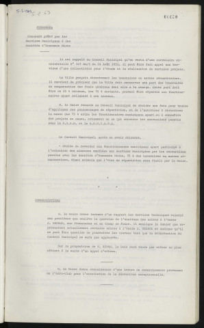 Personnel, concours prêté par les services municipaux à des Sociétés d'Économie Mixte. Abattage d'arbres à l'école J.GERAUD, aux promenades et aux Champ de Foire. Remerciement pour subvention de l'Aéro-Club.