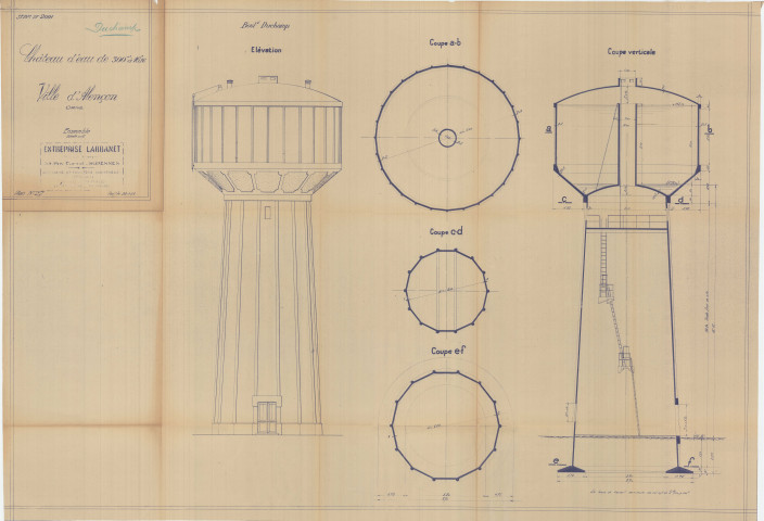 Construction d'un château d'eau de 300m3, ensemble : élévation, coupes coupes, plans(Larbanet, éch : 1/200, plan n°27, 30 juillet 1936).