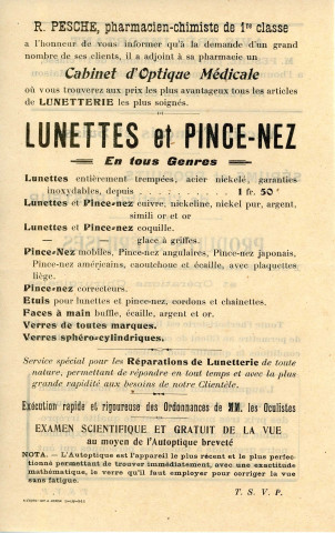 Création d'un cabinet d'optique médicale par Raoul Pesche : flyer éditeur Alençon imp. A. Herpin, (13.5 x 21.5).