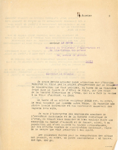 Réquisition du Buste de La Sicotière pour la récupération des métaux non ferreux (1942-1951) : correspondance. :