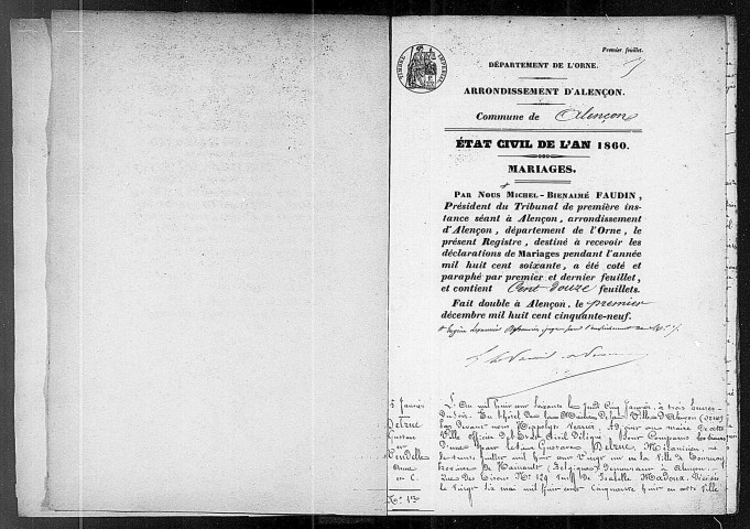 Registre des actes de mariage (1860).