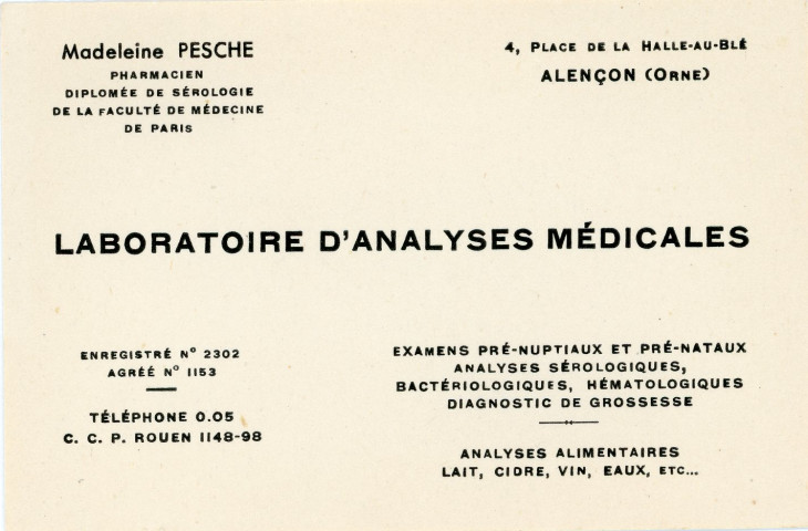 Carte de visite de Madeleine Pesche (9.5cm x 7cm) (1950-1980).
