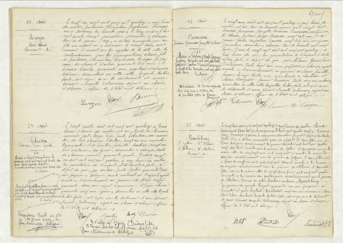 Reconnaissance de LEVOYER René Alexis (26 août 1914),acte de naissance de LEBRETON Roger Léon Emile (24 août 1914),acte de naissance de BERCERON Simone Germaine Georgette Victorine (25 août 1914),reconnaissance de MAECHLING Julie (28 août 1914),reconnaissance de MAECHLING Henri (28 août 1914),reconnaissance de MAECHLING Mélanie (28 août 1914),reconnaissance de MAECHLING Célestine (28 août 1914).
