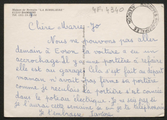 Damigny (Orne), Maison de retraite "la Rimblière", vue aérienne, carte postale couleur, studio François Bordeaux, [date d'utilisation : sd, 1970?], (15x10,5), AMA.