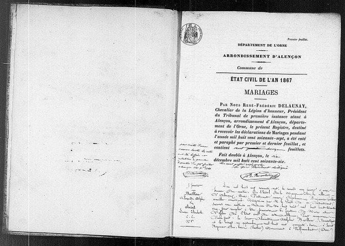 Registre des actes de mariage (1867).