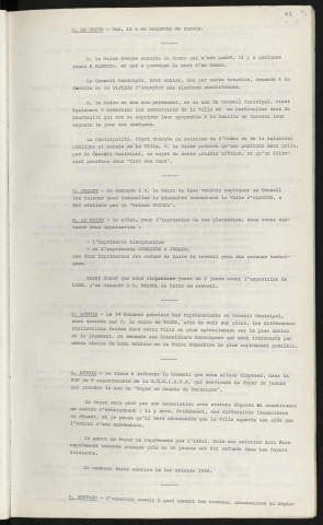 Décès d'un homme à Alençon, condoléances à la famille de la municipalité d'Alençon, remerciements des commerçants notamment Courteille, affaire dans "Cité des Ducs". Plaquette concernant la ville d'Alençon, choix du réalisateur Mr PRIOUL, imprimerie Alençonnaise, imprimerie CORBIERE et JUGAIN. Invitation de Mr le Maire de Tours, présentation des différentes réalisations faites dans la ville. Disposition de 9 appartements de la S.E.M.I.A.V.A. dans la Z.U.P. "Foyer de Jeunes de Perseigne".