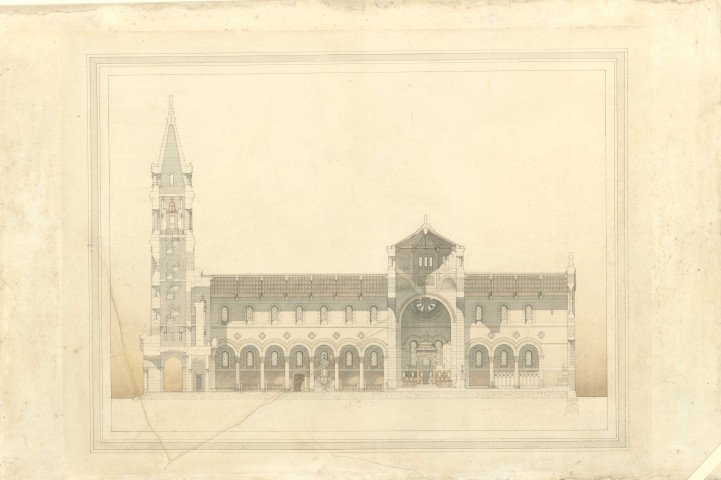 Église Saint Pierre de Montsort, coupe transversale, plan, Ewald Bréasson (éch: 1/100, 103 x 69 cm, 01/12/1875).