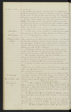 Curage, Ruisseau du Gué de Sorre, avis du Conseil. Plantations, Promenades, abattage d'arbres : rapport. Tramways, pose de contre-rails, communications