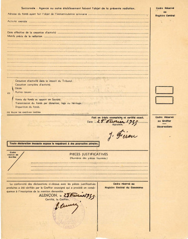 Demande de radiation n°110 de l'immatriculation n°1792 au nom de FERON Charles Auguste Louis pour l'épicerie mercerie du 51 rue Cazault (28 février 1955).