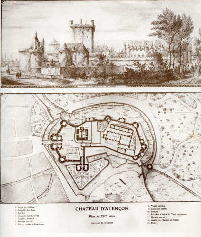 Château d'Alençon, plan du XVIe siècle, levé par M. Hédin, lithographie, AMA.